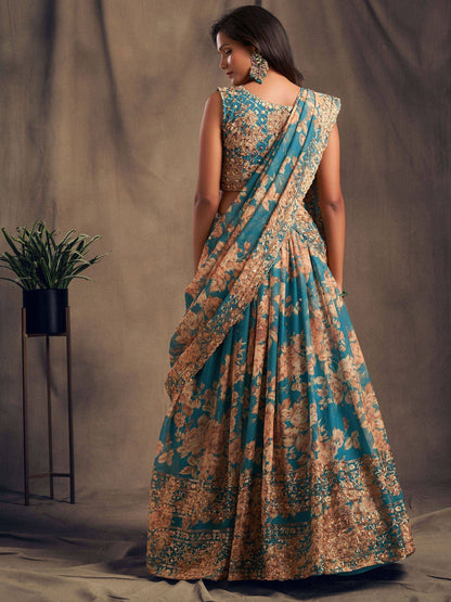 Tulsi Art Teal Blue Floral Embroidered Organza Wedding Wear Lehenga Choli