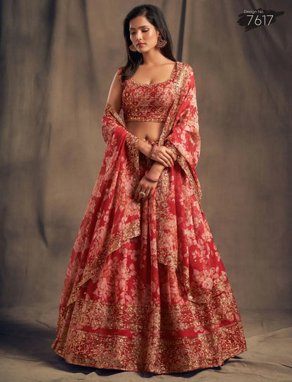 Tulsi Art Shraddha Kapoor Red Floral Printed Organza Wedding Wear Lehenga Choli