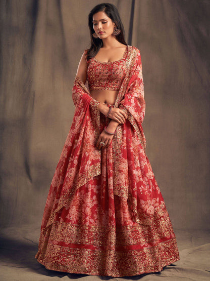 Tulsi Art Red Floral Embroidered Organza Wedding Wear Lehenga Choli