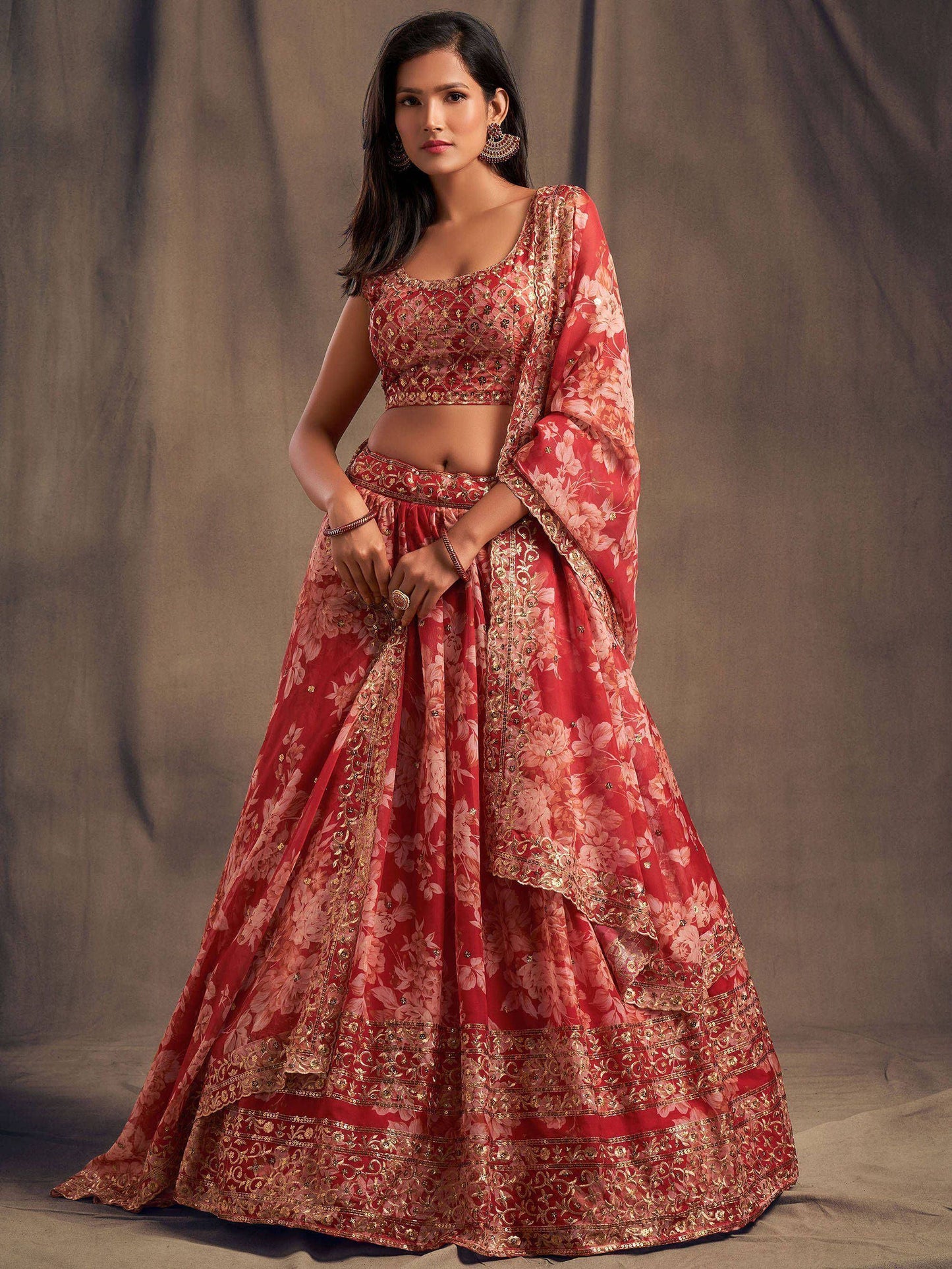 Tulsi Art Red Floral Embroidered Organza Wedding Wear Lehenga Choli