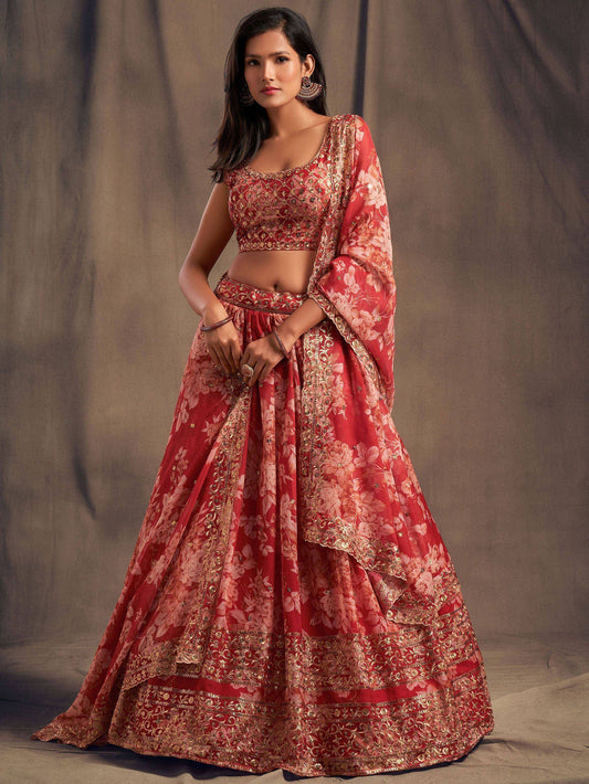 Tulsi Art Red Floral Embroidered Organza Wedding Wear Lehenga Choli