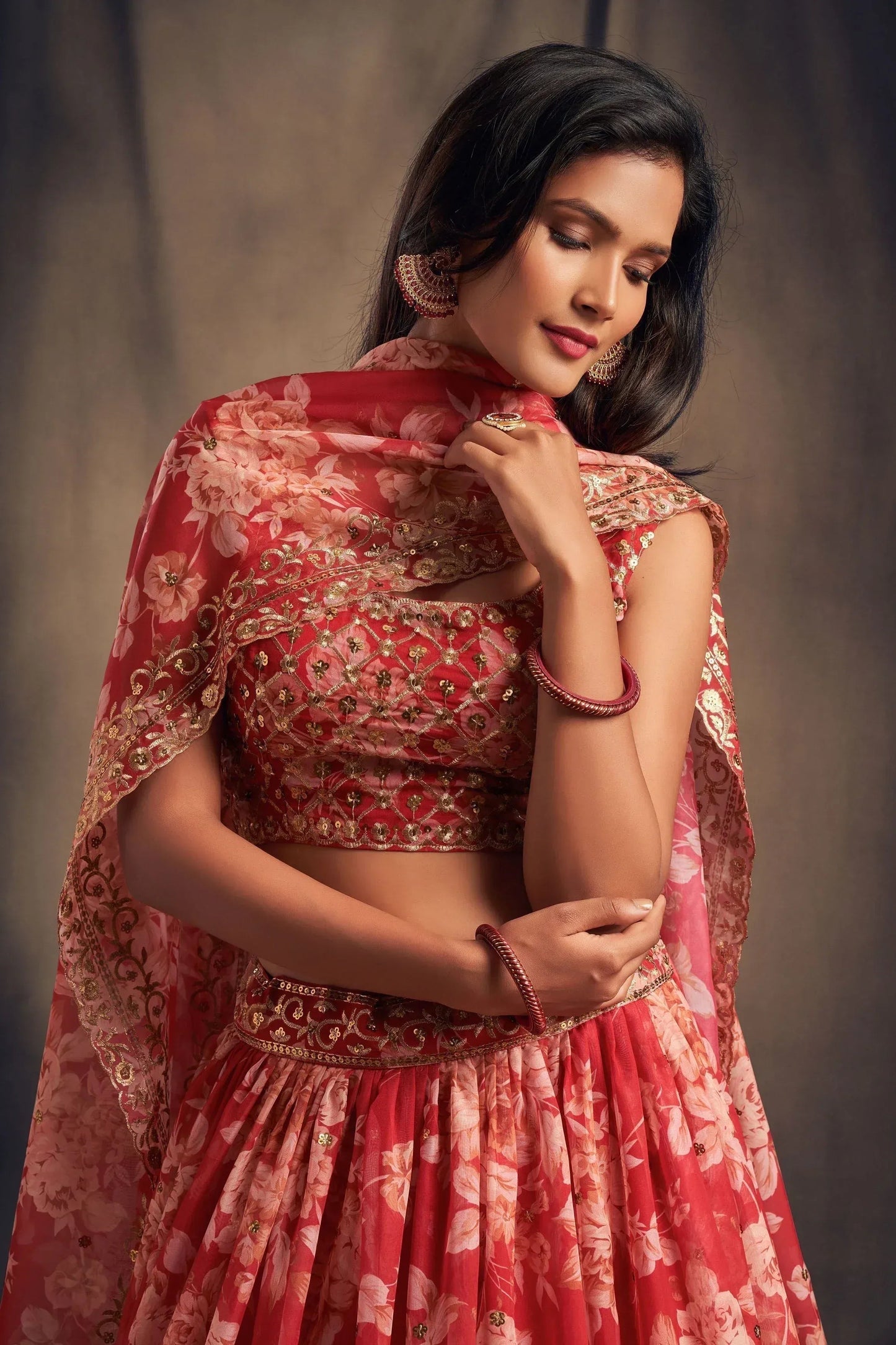 Tulsi Art Shraddha Kapoor Red Floral Printed Organza Wedding Wear Lehenga Choli