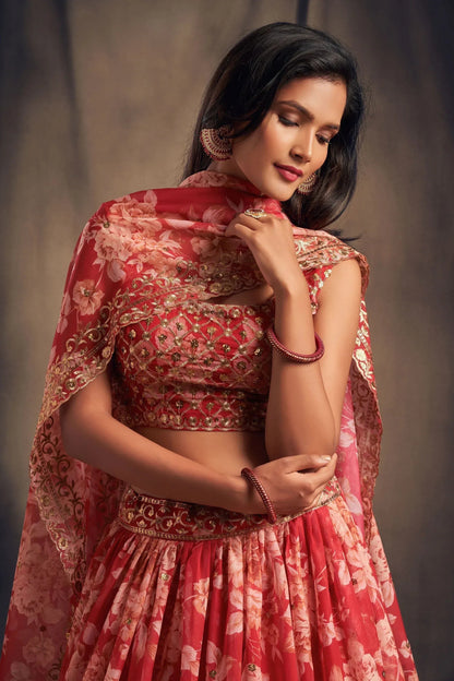 Tulsi Art Shraddha Kapoor Red Floral Printed Organza Wedding Wear Lehenga Choli