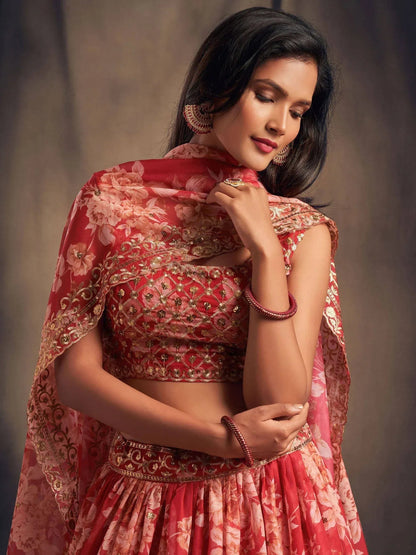 Tulsi Art Red Floral Embroidered Organza Wedding Wear Lehenga Choli