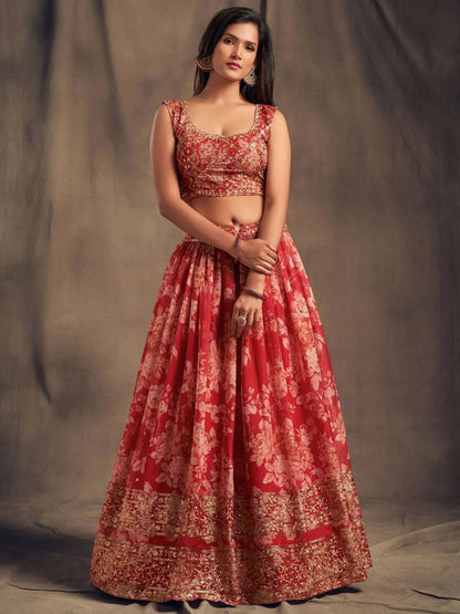 Tulsi Art Red Floral Embroidered Organza Wedding Wear Lehenga Choli