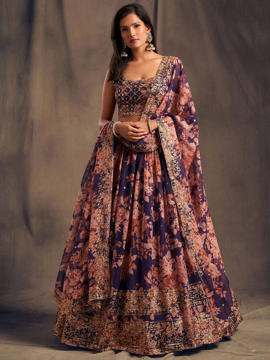 Tulsi Art Purple Floral Embroidered Organza Wedding Wear Lehenga Choli