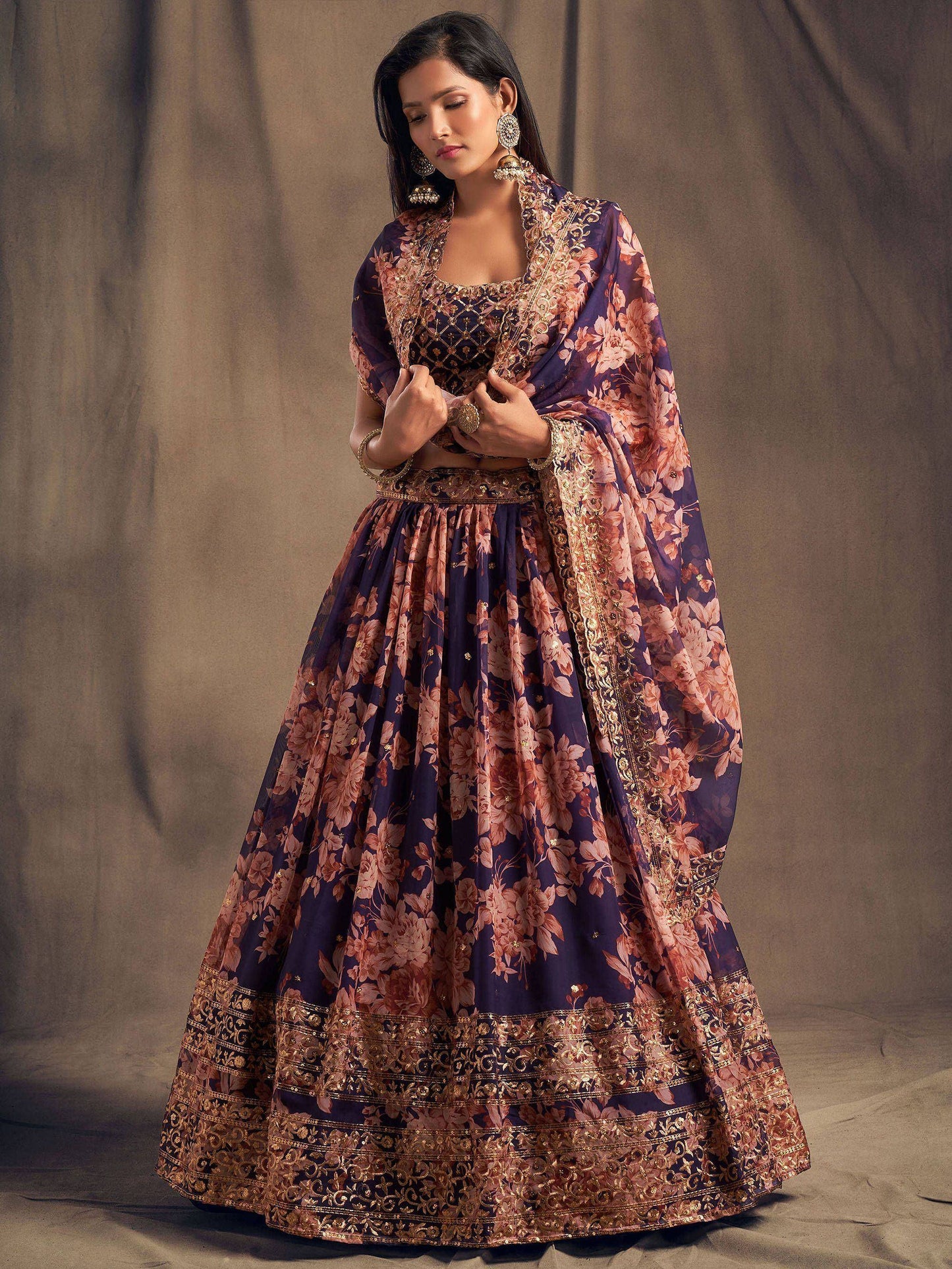 Tulsi Art Purple Floral Embroidered Organza Wedding Wear Lehenga Choli