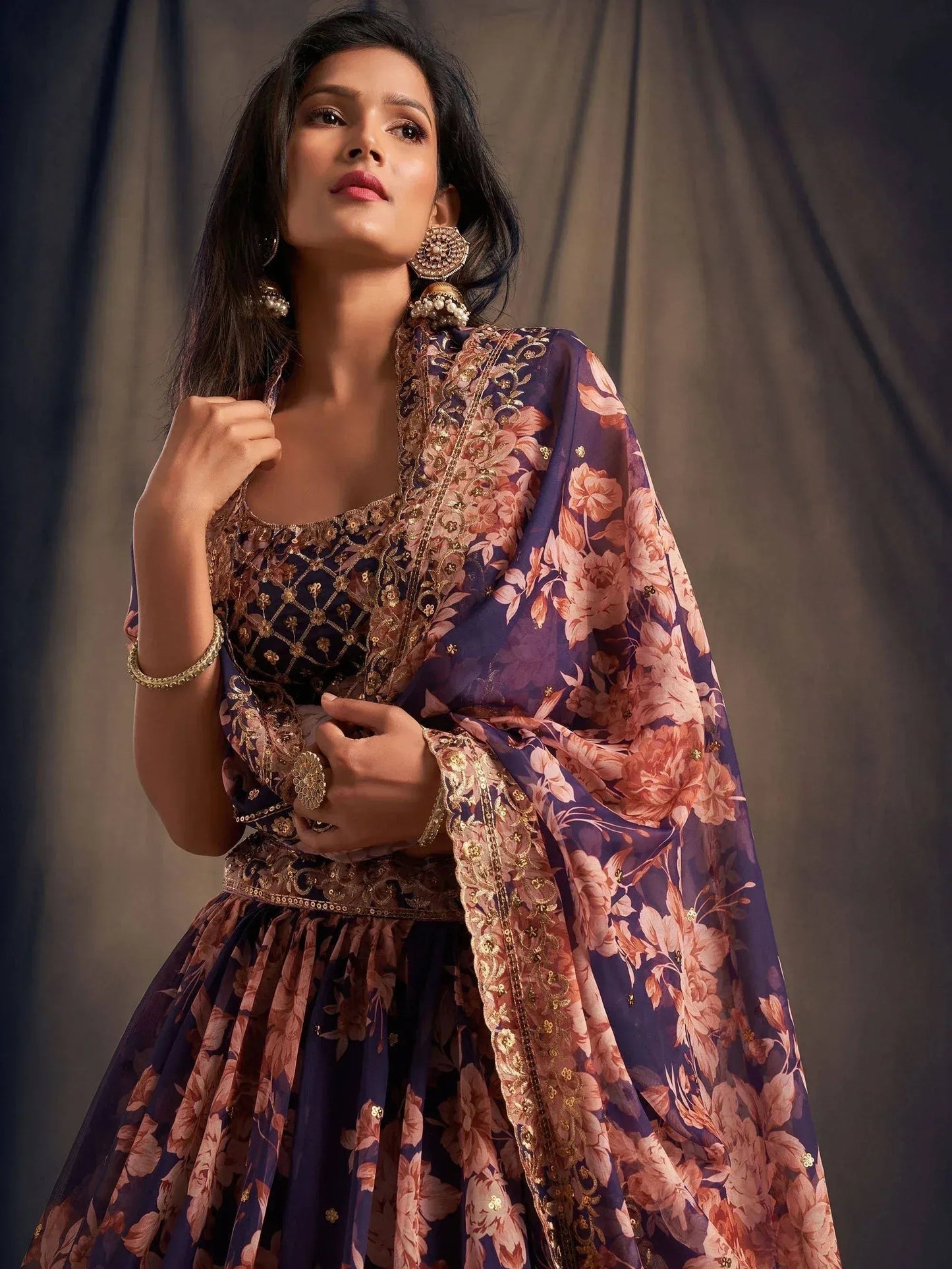 Tulsi Art Purple Floral Embroidered Organza Wedding Wear Lehenga Choli