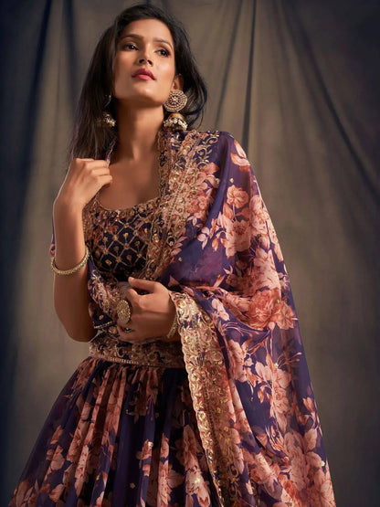 Tulsi Art Purple Floral Embroidered Organza Wedding Wear Lehenga Choli