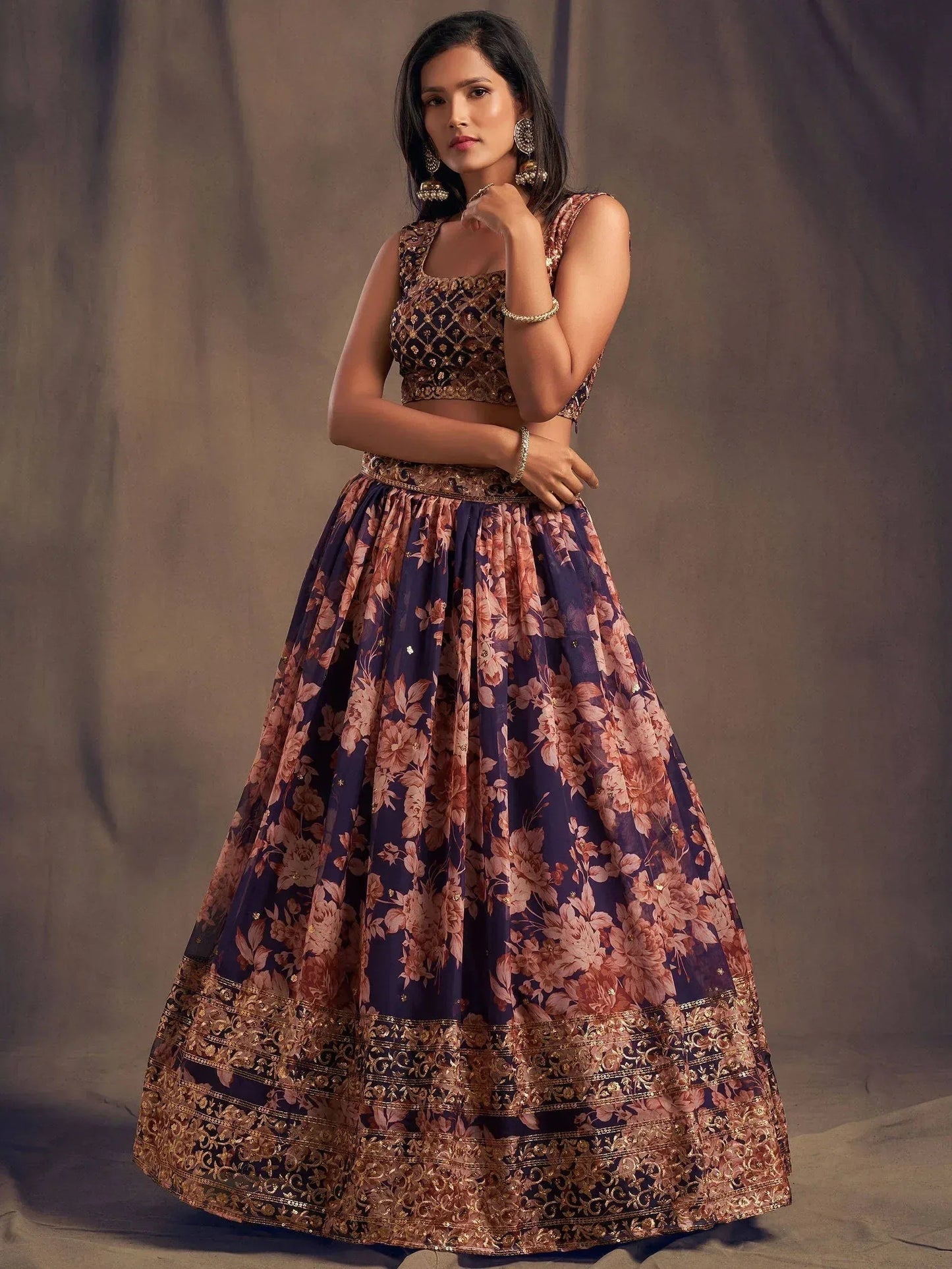 Tulsi Art Purple Floral Embroidered Organza Wedding Wear Lehenga Choli