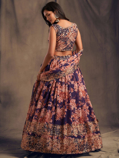 Tulsi Art Purple Floral Embroidered Organza Wedding Wear Lehenga Choli