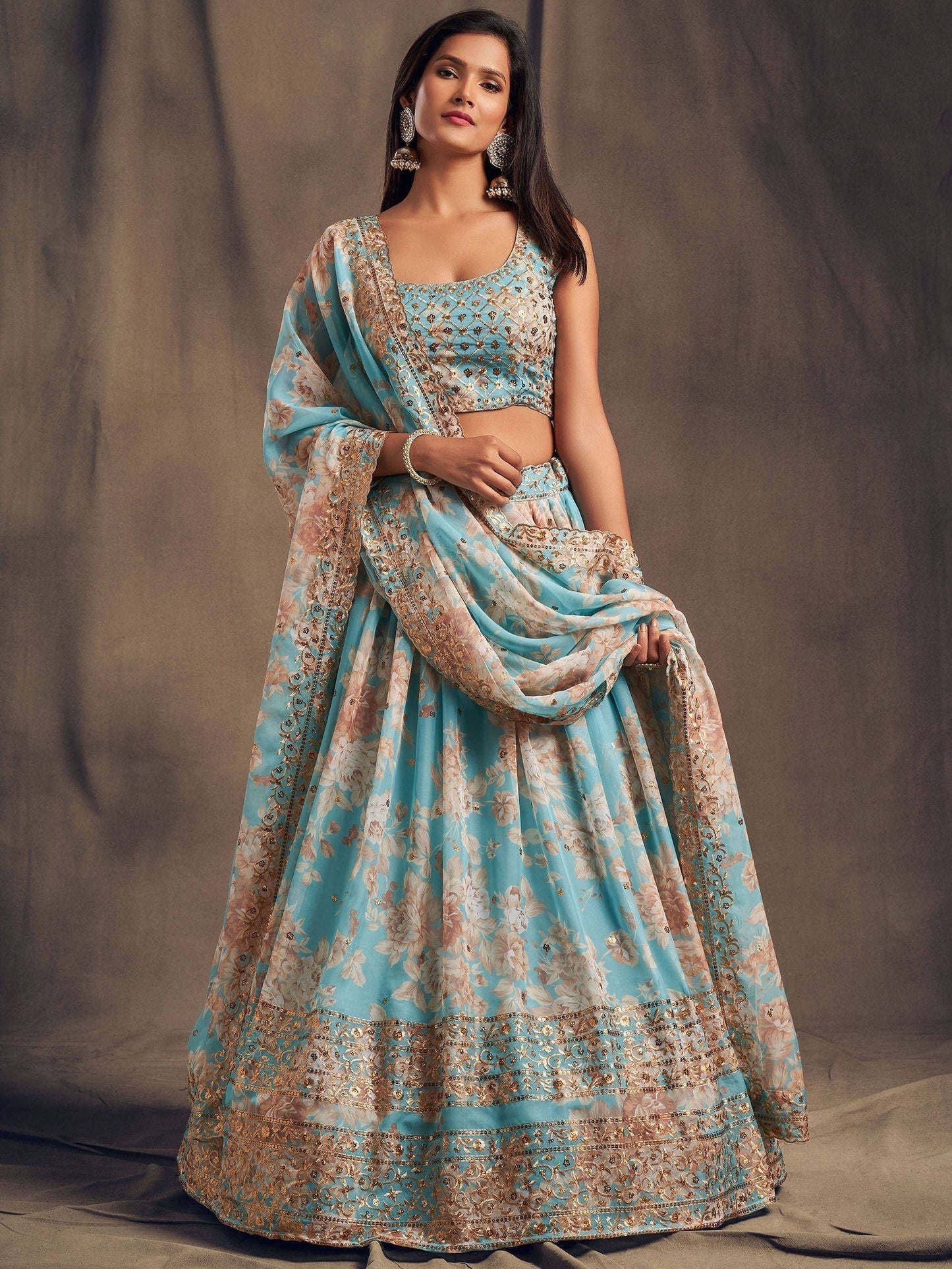 Tulsi Art Sky Blue Floral Embroidered Organza Wedding Wear Lehenga Choli