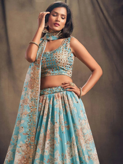 Tulsi Art Sky Blue Floral Embroidered Organza Wedding Wear Lehenga Choli
