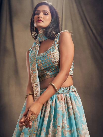 Tulsi Art Sky Blue Floral Embroidered Organza Wedding Wear Lehenga Choli