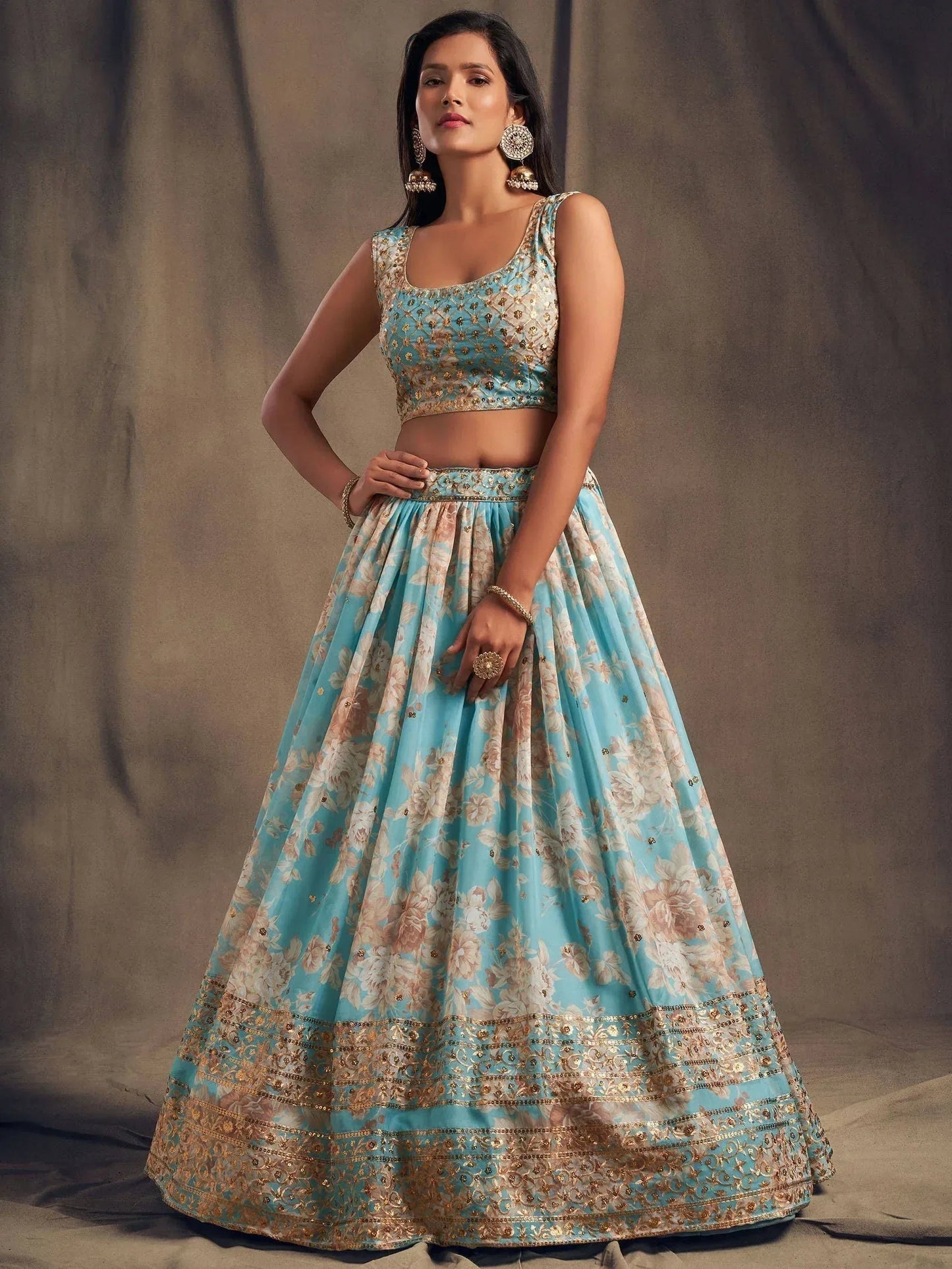 Tulsi Art Sky Blue Floral Embroidered Organza Wedding Wear Lehenga Choli