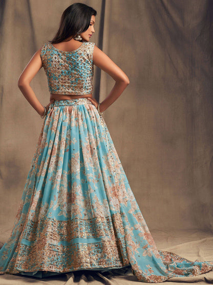 Tulsi Art Sky Blue Floral Embroidered Organza Wedding Wear Lehenga Choli