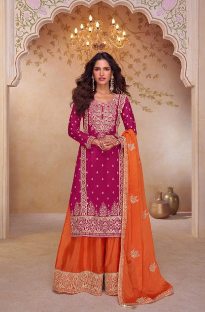 Anaita Rani Pink Stitched Plazzo Suit with Embroidery & Sequence Work