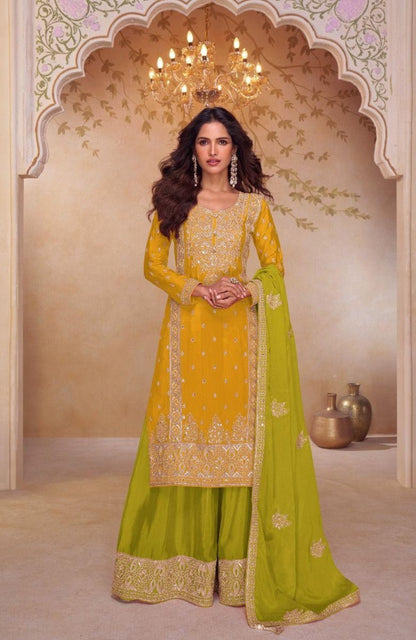 Anaita Yellow Stitched Plazzo Suit with Embroidery & Sequence Work
