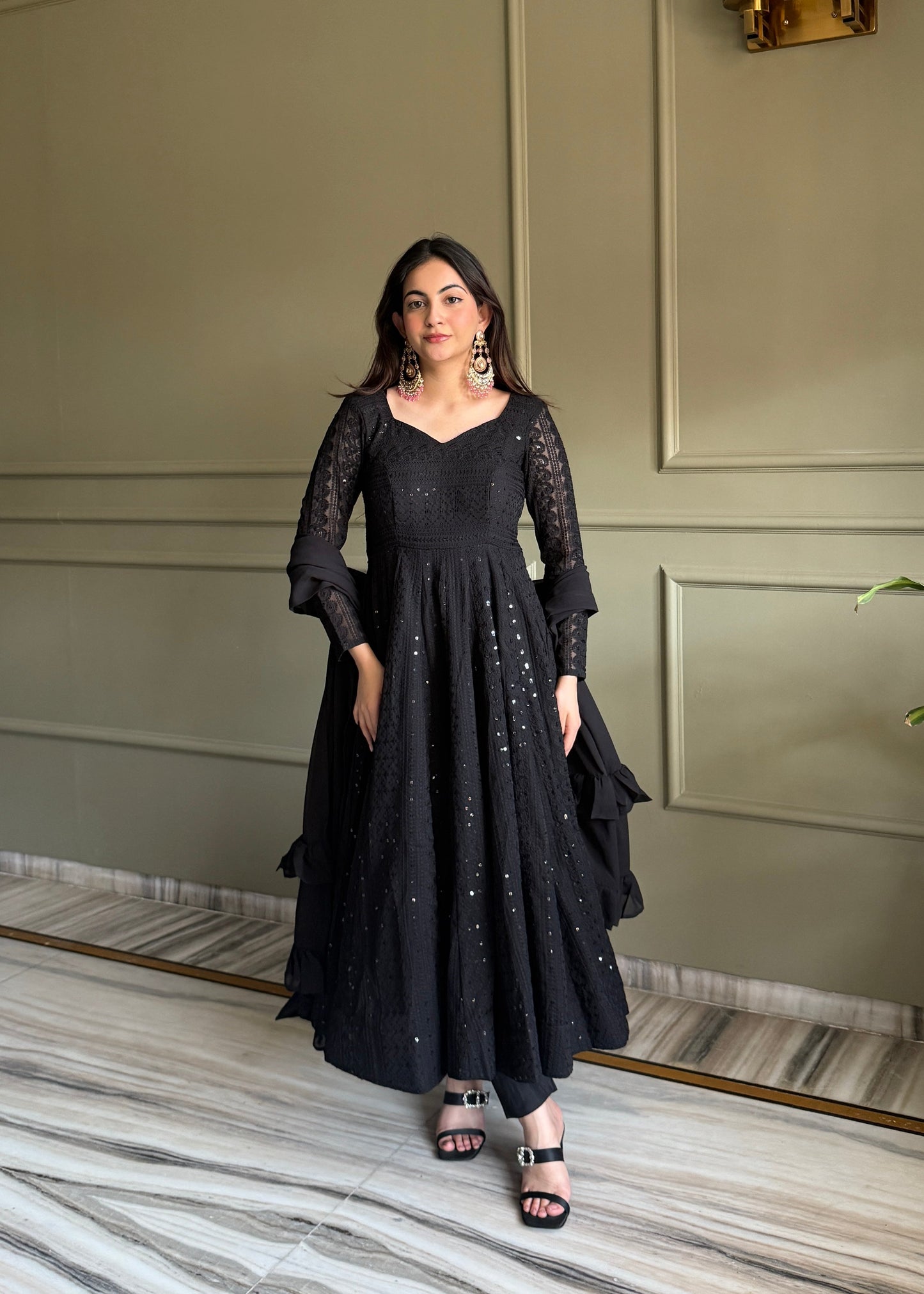 Lorenvalley Fashion Black Faux Georgette Lucknowi Sequence & Thread Work Anarkali Gown Pant with Dupatta