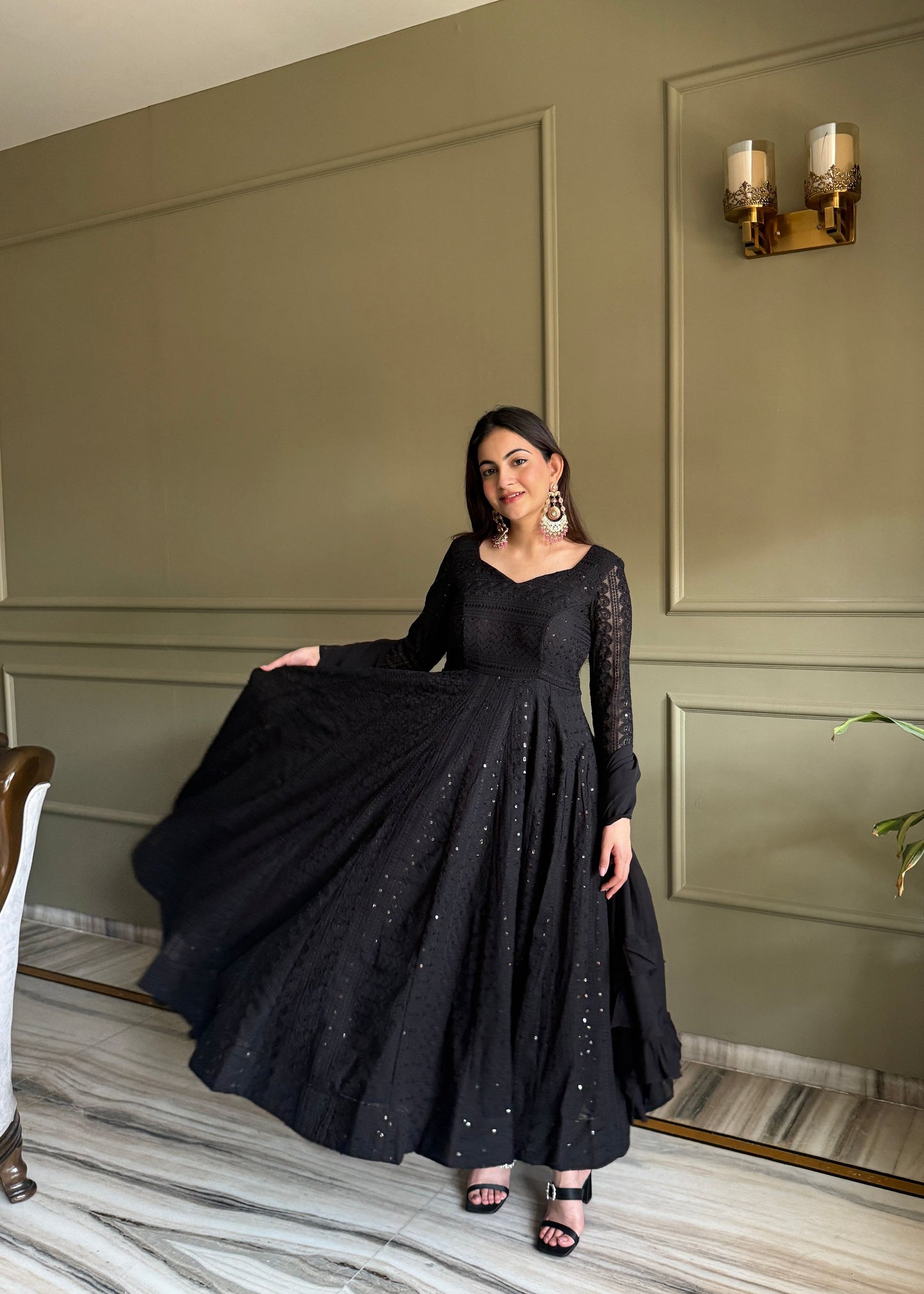 Lorenvalley Fashion Black Faux Georgette Lucknowi Sequence & Thread Work Anarkali Gown Pant with Dupatta