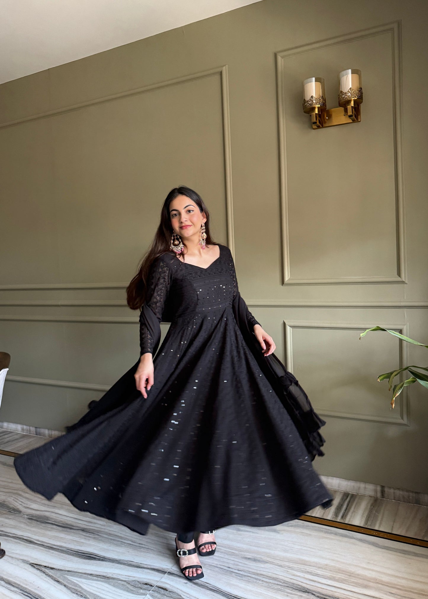 Lorenvalley Fashion Black Faux Georgette Lucknowi Sequence & Thread Work Anarkali Gown Pant with Dupatta