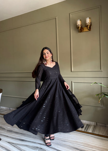 Lorenvalley Fashion Black Faux Georgette Lucknowi Sequence & Thread Work Anarkali Gown Pant with Dupatta