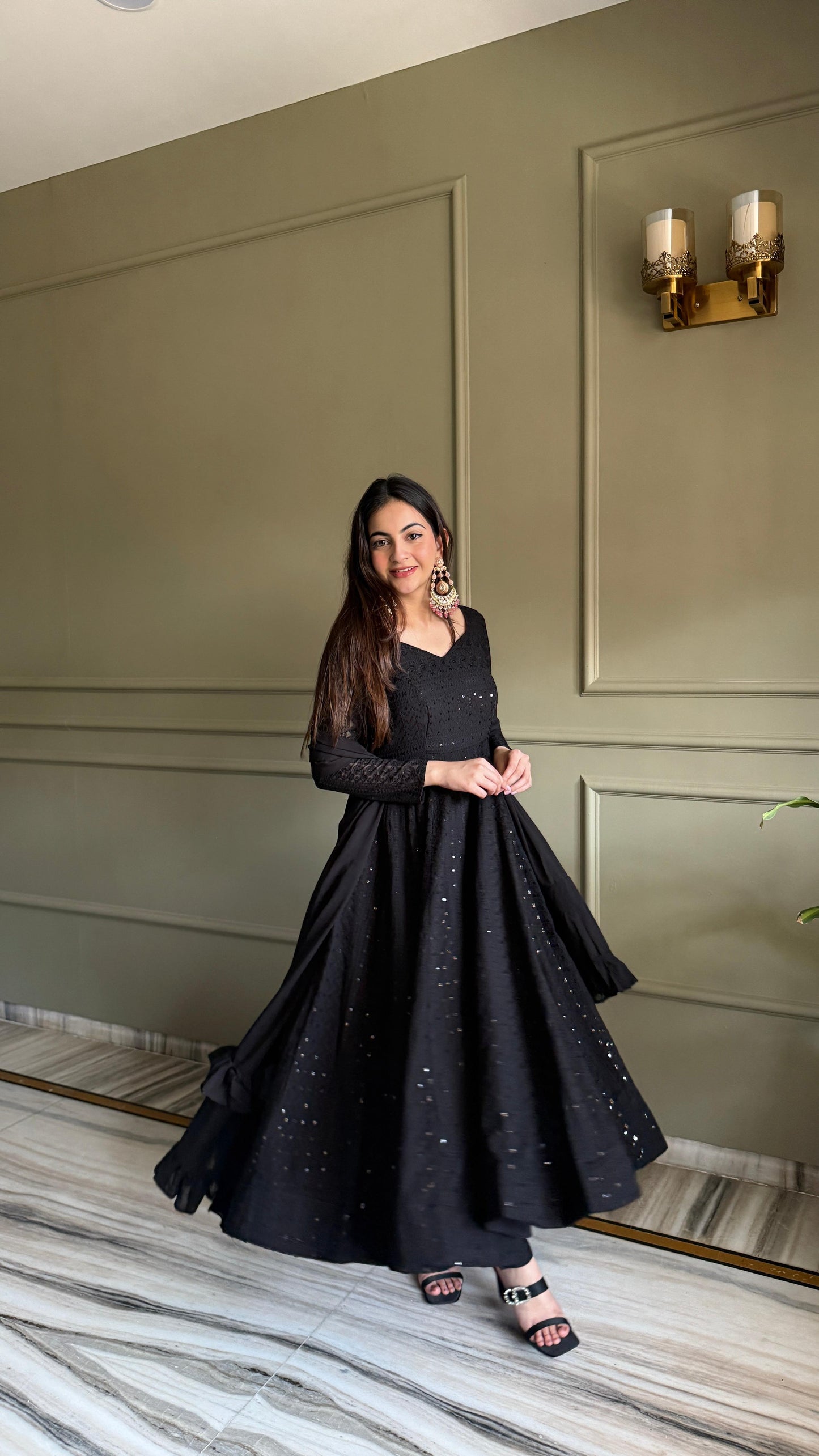 Lorenvalley Fashion Black Faux Georgette Lucknowi Sequence & Thread Work Anarkali Gown Pant with Dupatta