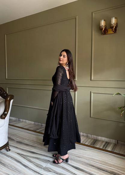 Lorenvalley Fashion Black Faux Georgette Lucknowi Sequence & Thread Work Anarkali Gown Pant with Dupatta