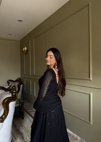 Lorenvalley Fashion Black Faux Georgette Lucknowi Sequence & Thread Work Anarkali Gown Pant with Dupatta
