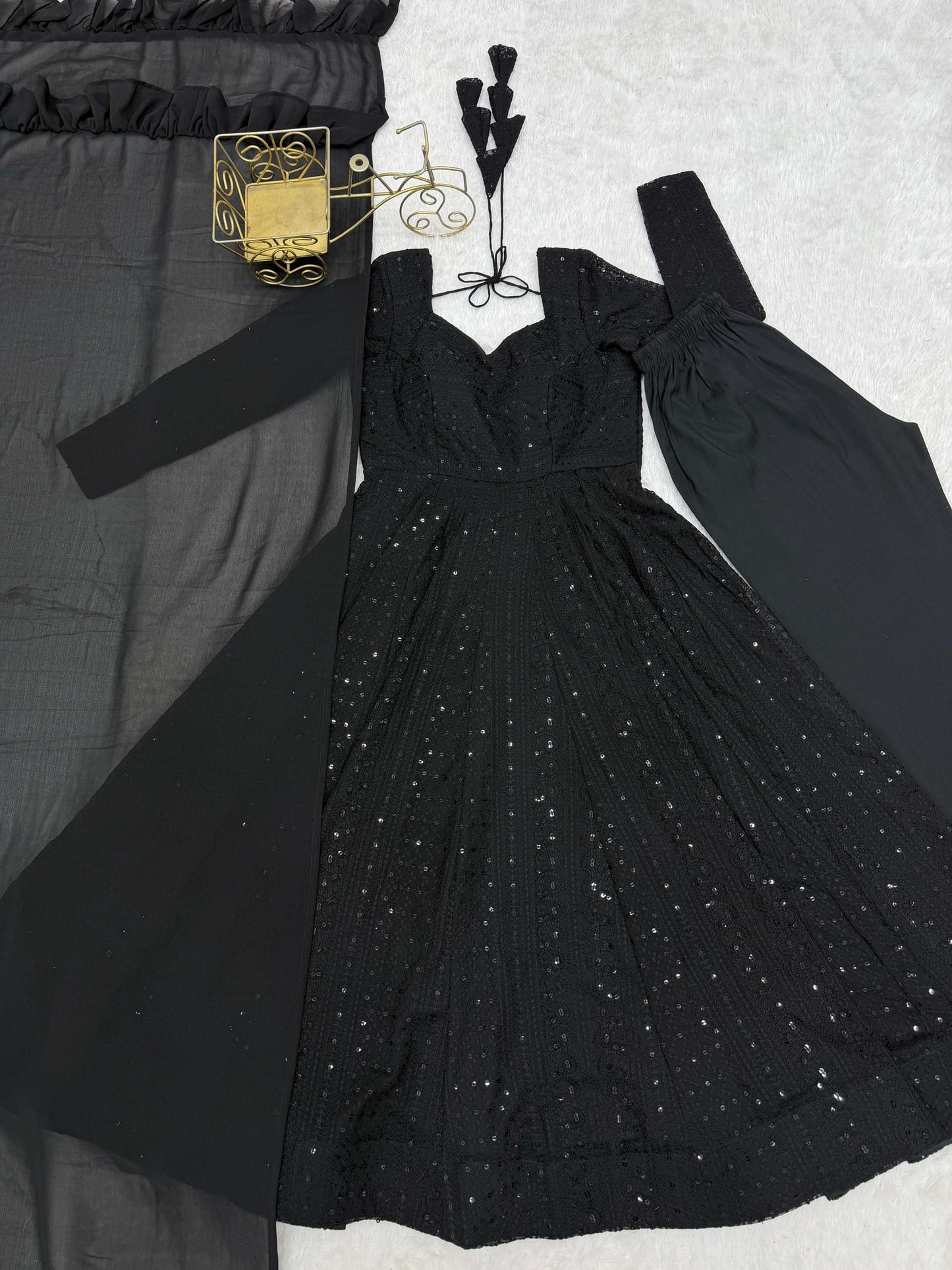Lorenvalley Fashion Black Faux Georgette Lucknowi Sequence & Thread Work Anarkali Gown Pant with Dupatta