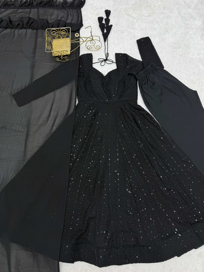 Lorenvalley Fashion Black Faux Georgette Lucknowi Sequence & Thread Work Anarkali Gown Pant with Dupatta