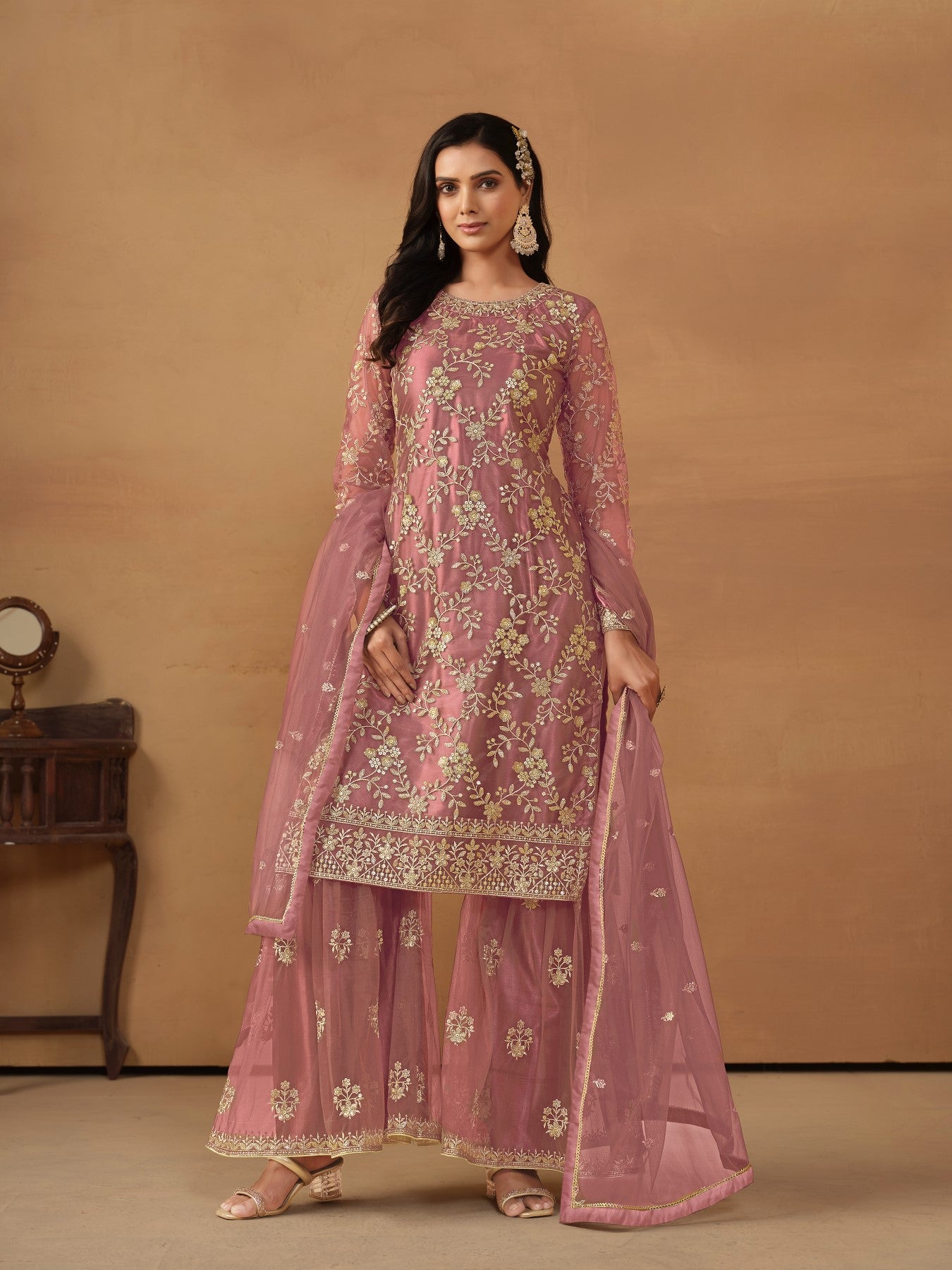 Anaita Pink Embroidered Net Salwar Suit