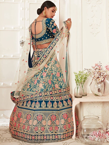Tulsi Art Blue Rose Embroidered Silk Bridal Lehenga Choli
