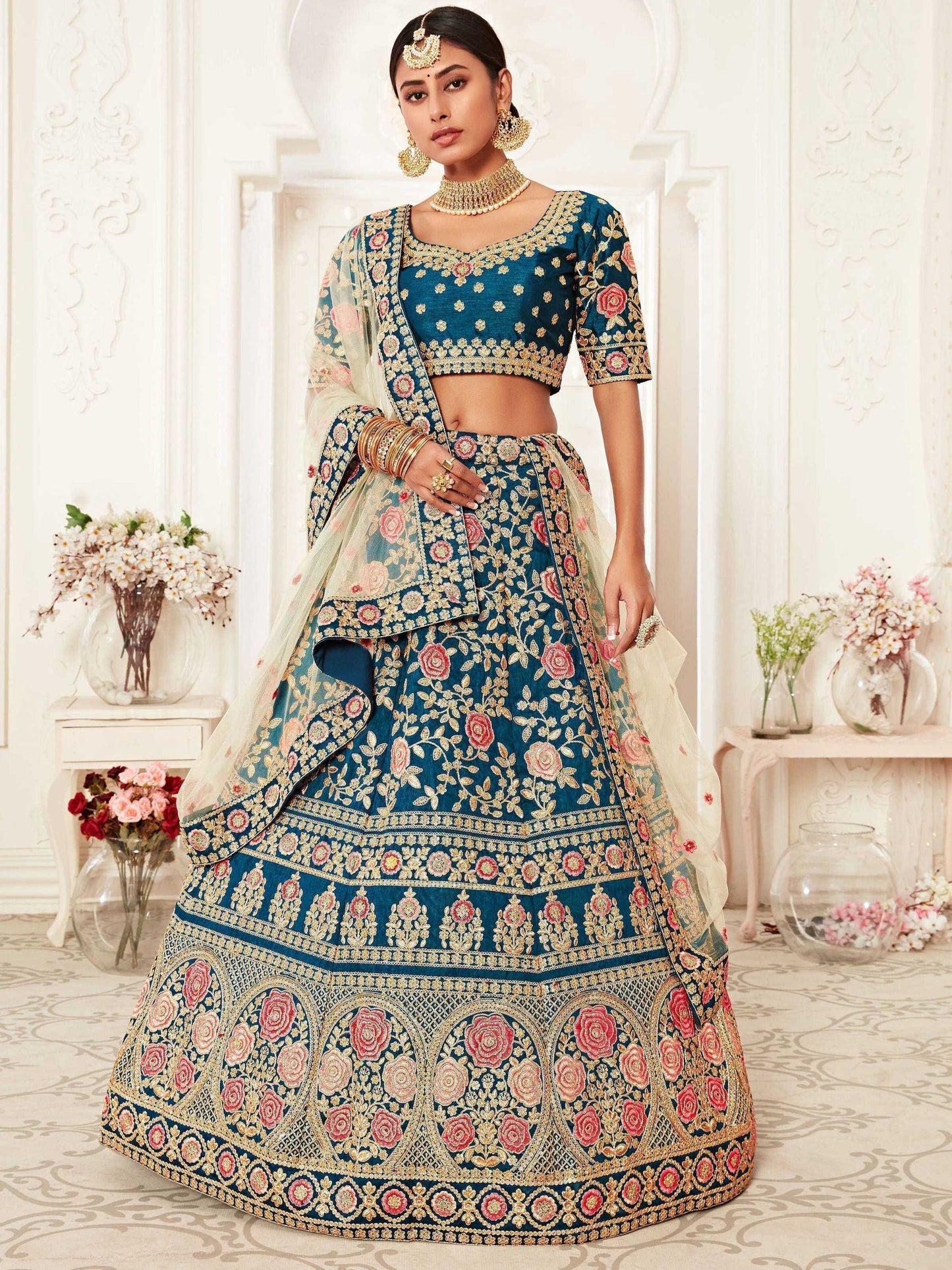 Tulsi Art Blue Rose Embroidered Silk Bridal Lehenga Choli
