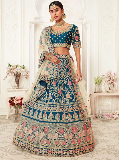 Tulsi Art Blue Rose Embroidered Silk Bridal Lehenga Choli