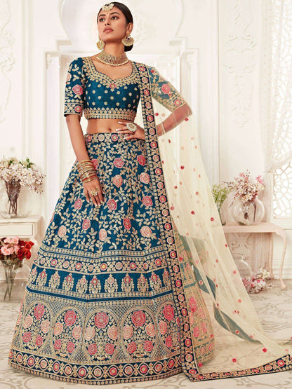 Tulsi Art Blue Rose Embroidered Silk Bridal Lehenga Choli
