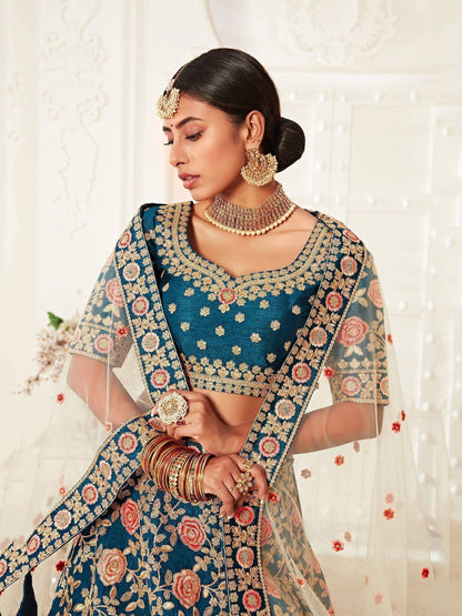 Tulsi Art Blue Rose Embroidered Silk Bridal Lehenga Choli