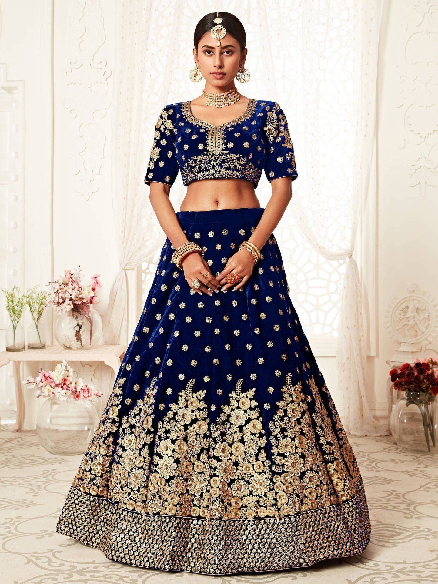 Tulsi Art Navy Blue Thread Embroidered Bridal Lehenga Choli