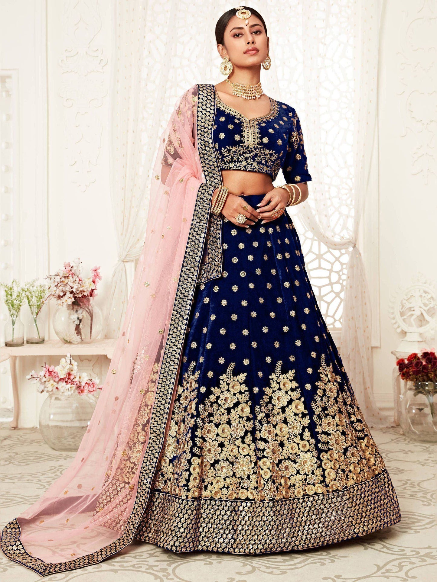 Tulsi Art Navy Blue Thread Embroidered Bridal Lehenga Choli