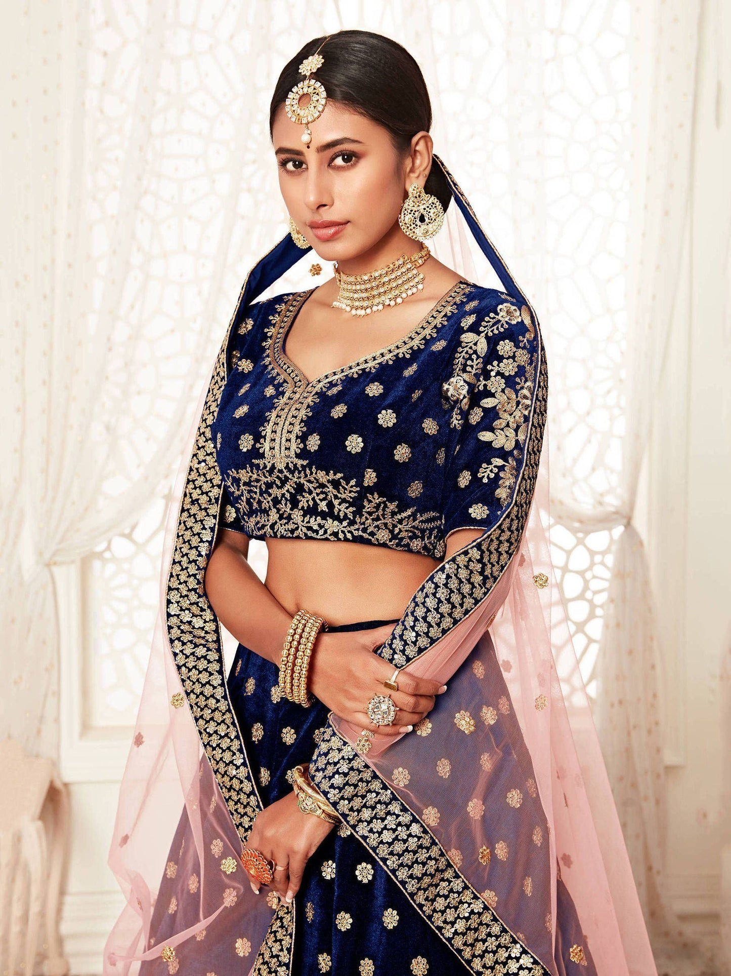 Tulsi Art Navy Blue Thread Embroidered Bridal Lehenga Choli