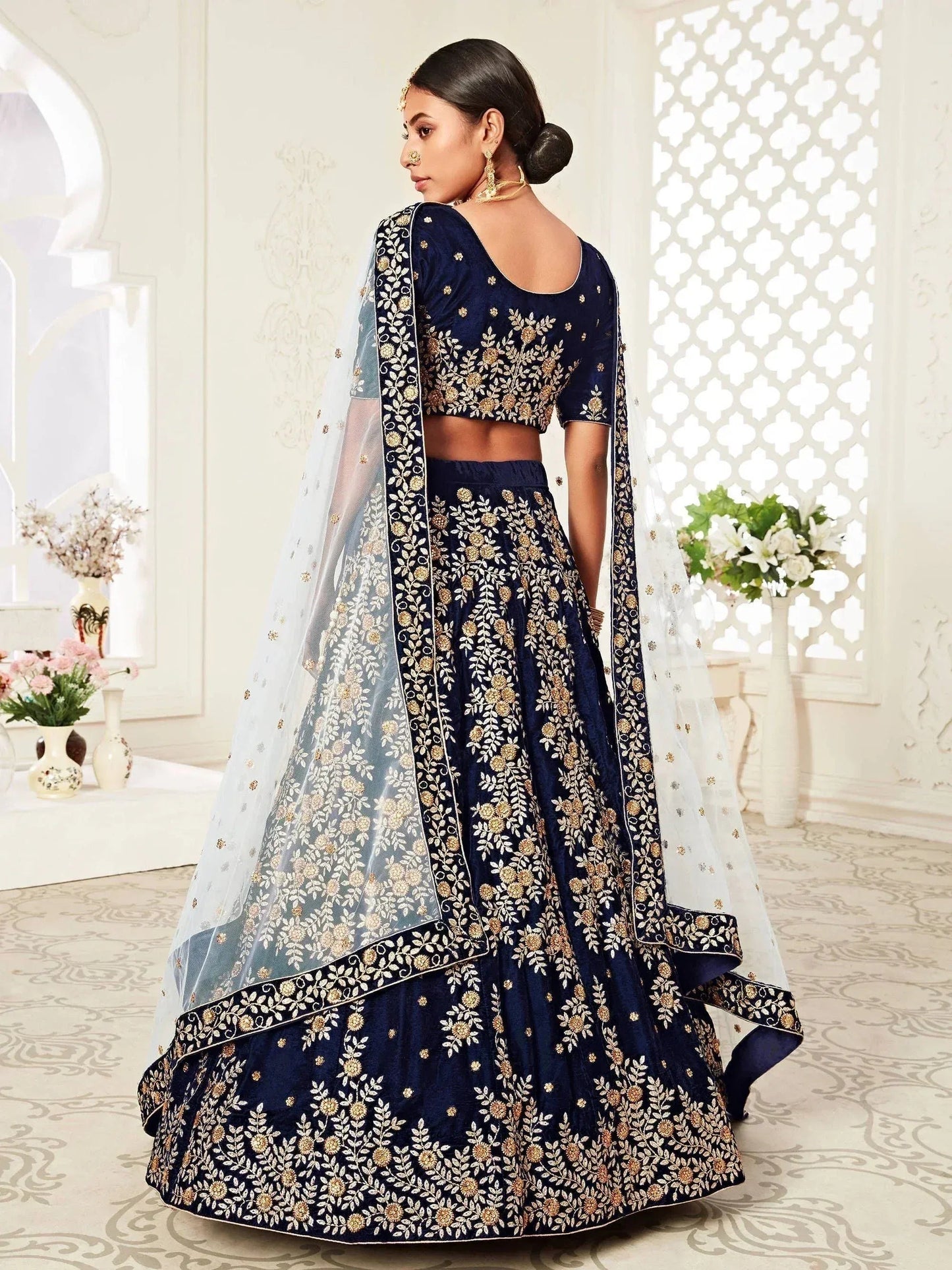 Tulsi Art Navy Blue Embroidered Velvet Wedding Lehenga Choli