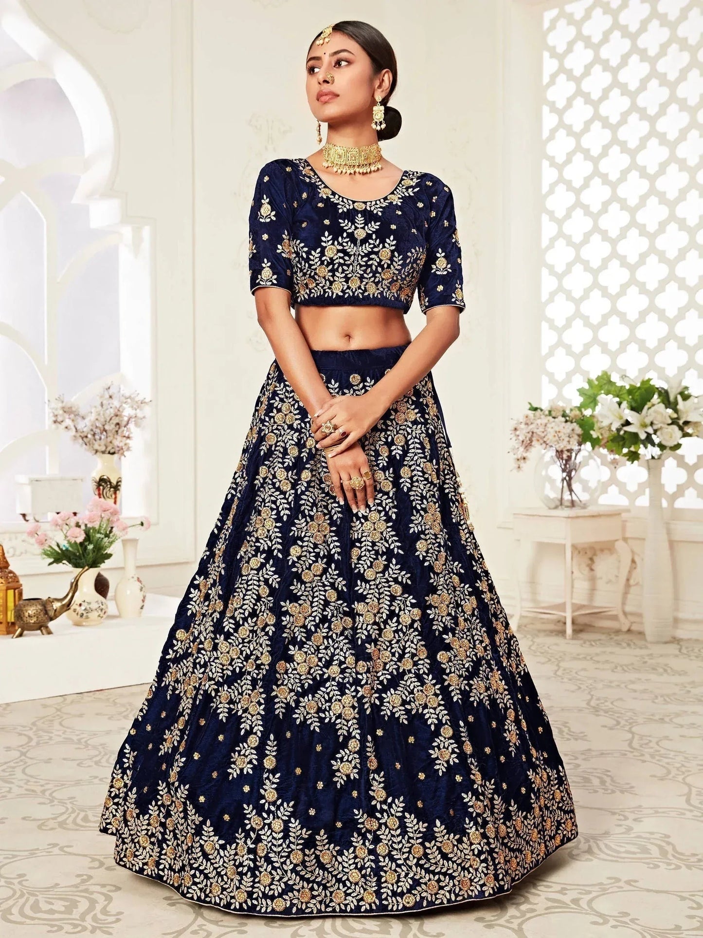 Tulsi Art Navy Blue Embroidered Velvet Wedding Lehenga Choli