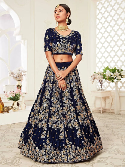 Tulsi Art Navy Blue Embroidered Velvet Wedding Lehenga Choli