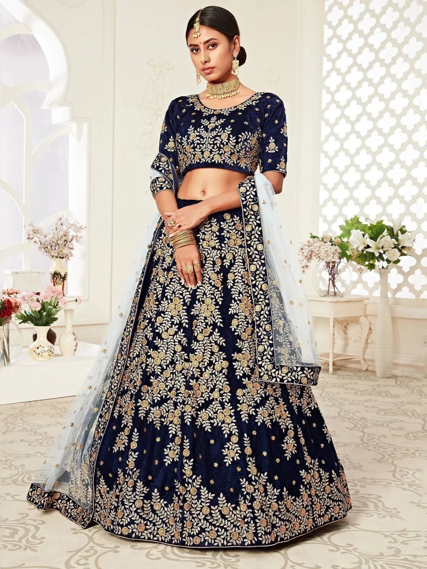 Tulsi Art Navy Blue Embroidered Velvet Wedding Lehenga Choli
