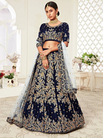 Tulsi Art Navy Blue Embroidered Velvet Wedding Lehenga Choli