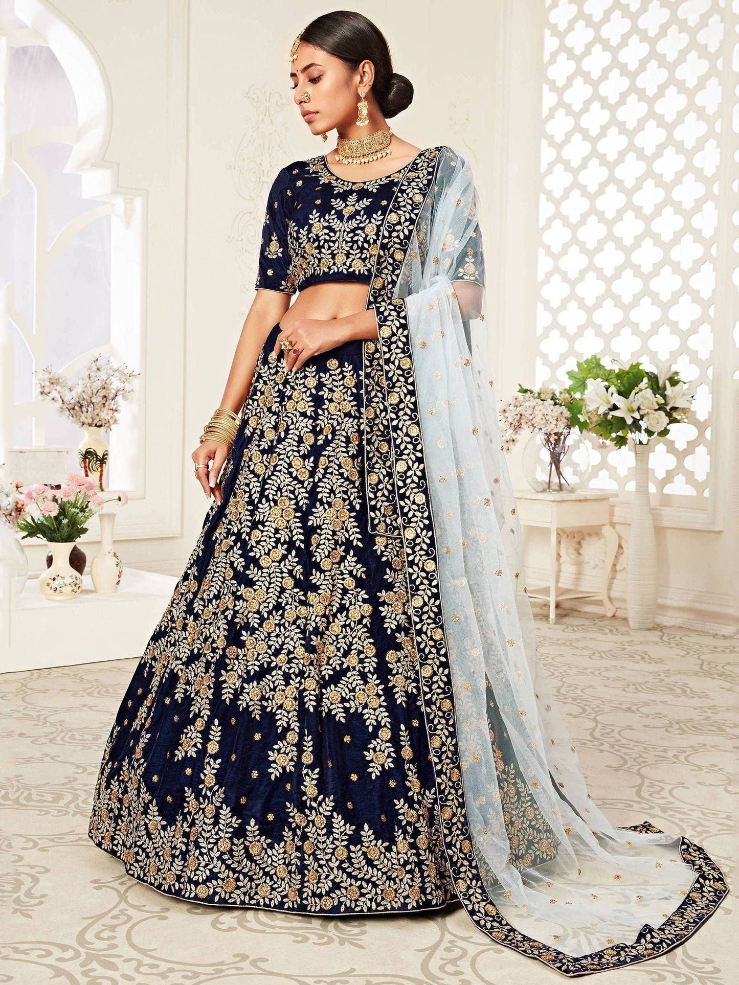 Tulsi Art Navy Blue Embroidered Velvet Wedding Lehenga Choli