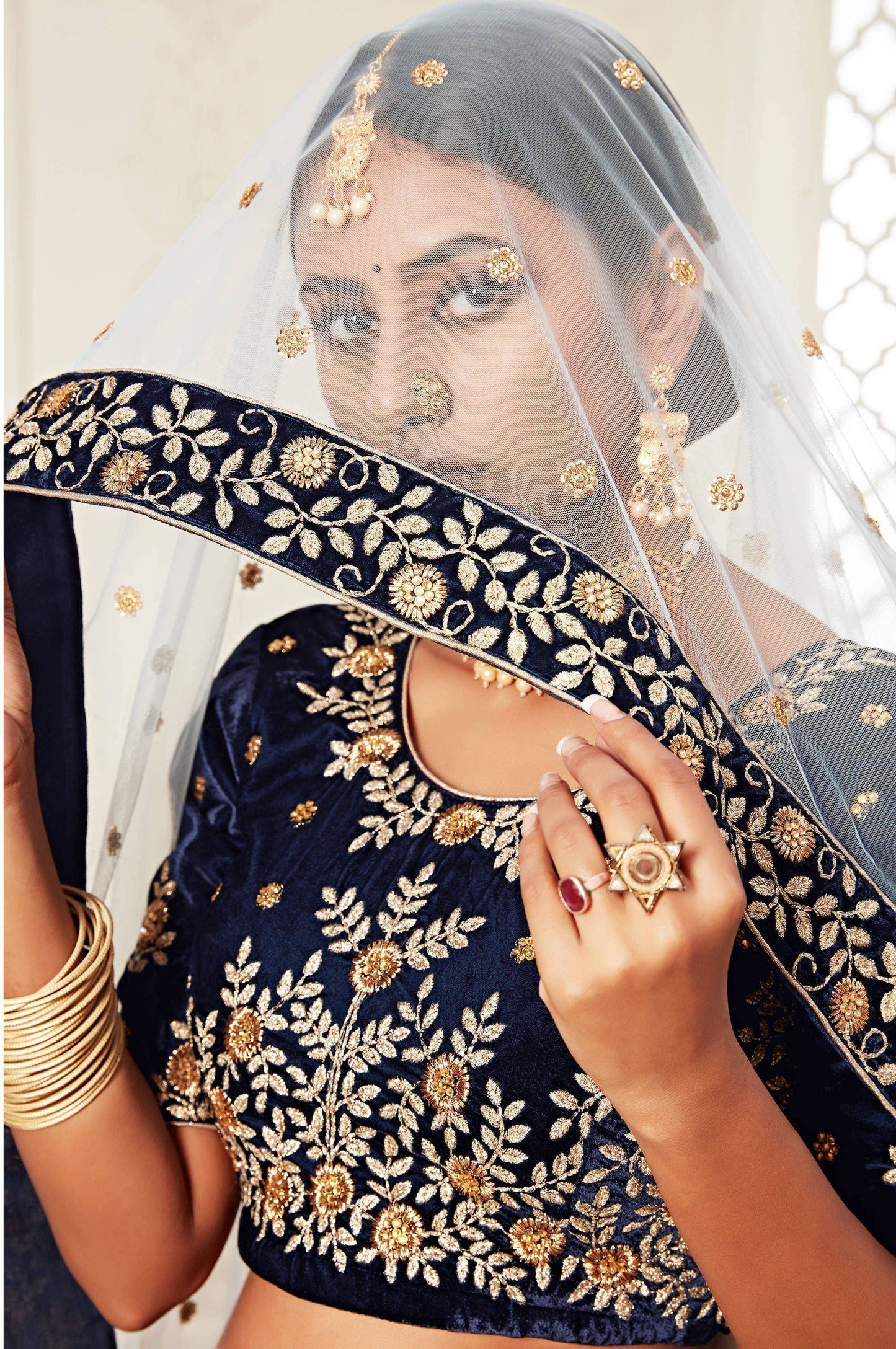 Tulsi Art Navy Blue Embroidered Velvet Wedding Lehenga Choli