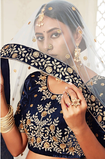 Tulsi Art Navy Blue Embroidered Velvet Wedding Lehenga Choli