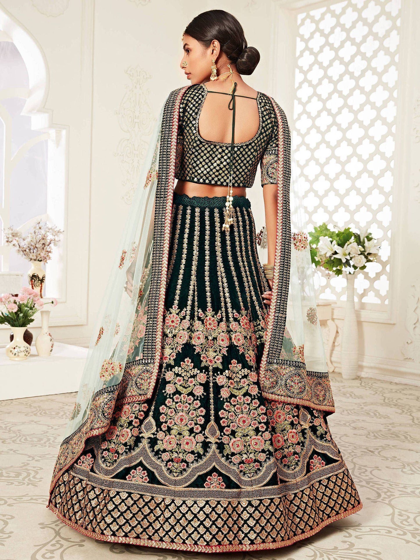 Tulsi Art Green Floral Embroidered Velvet Bridal Lehenga Choli