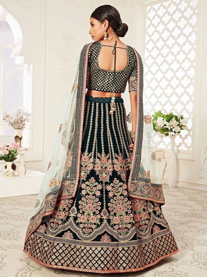 Tulsi Art Green Floral Embroidered Velvet Bridal Lehenga Choli